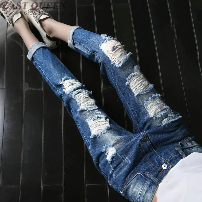 

Spring and summer women hole jeans pant loose preppy style harem pants bottom mid waist plaid loose casual ripped pant AA3402 F