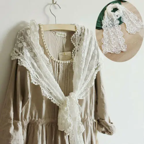 

Hot Women Floral Embroidery Lace Mesh Wraps Pashmina Trim Tassel Solid Color Long Scarf Shawl