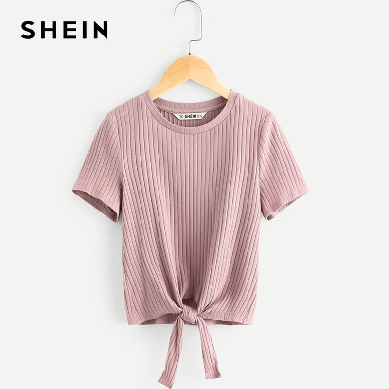SHEIN/детская розовая однотонная Повседневная футболка в рубчик с бантом для девочек, топы для подростков, г. Летняя модная Милая Детская футболка с короткими рукавами