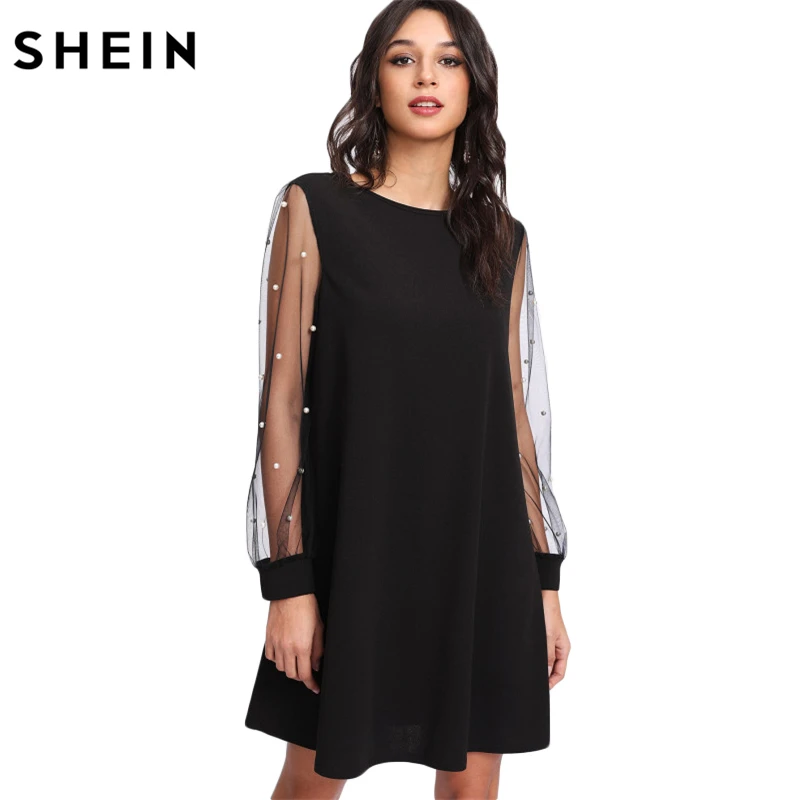 SHEIN Модное Платье С Бусинами Женское Черное Элегантное Платье-Туника С Длинными Рукавами
