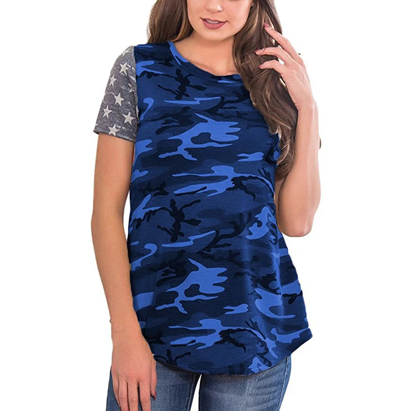 Летняя футболка женская с коротким рукавом камуфляжная звезда лоскутный принт