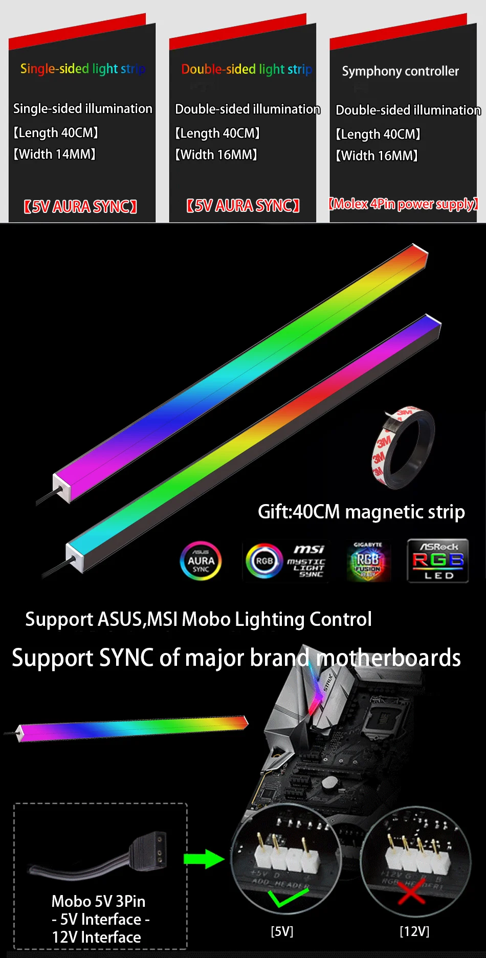 Симфония шасси лампы для чтения магнитными RGB полоса 40 см загрязнения атмосферы 5V ASUS AURA SYNC