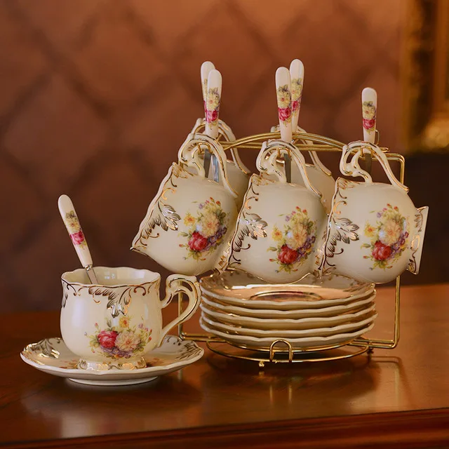 6 Cups with hold Бренд Yolife, европейский стиль, керамическая чайная чашка и блюдце, набор, китайская кофейная чашка, набор, послеобеденный фарфор, черная чайная чашка с ложкой - Цвет: 6 Cups with hold