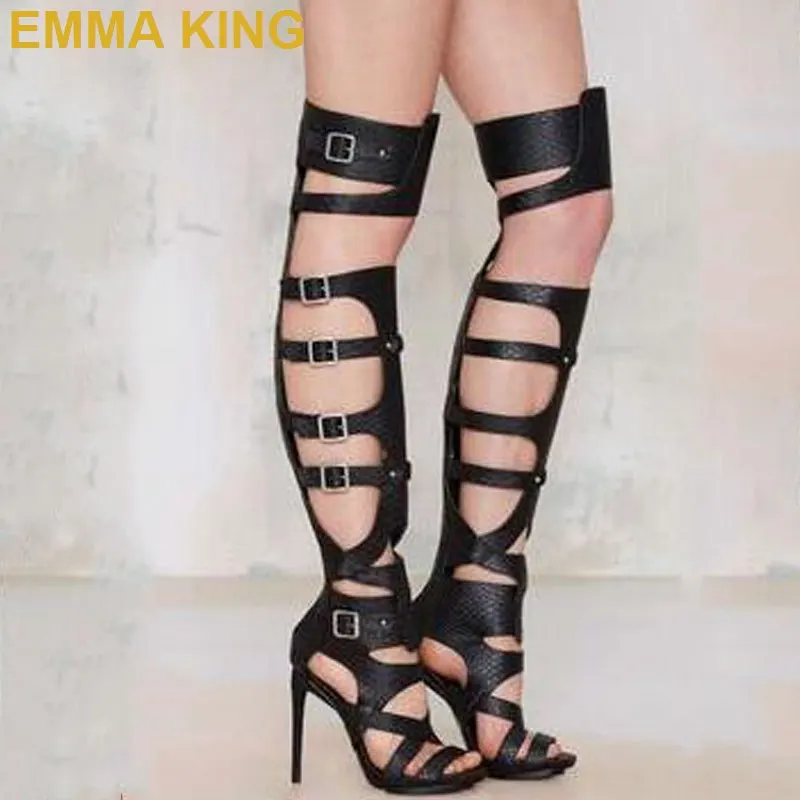 

Sexy Over The Knee Gladiator Sandals Boots Women High Heels Shoes Black PU Cut-out Buckle Strap Ladies Summer Thigh High Boots