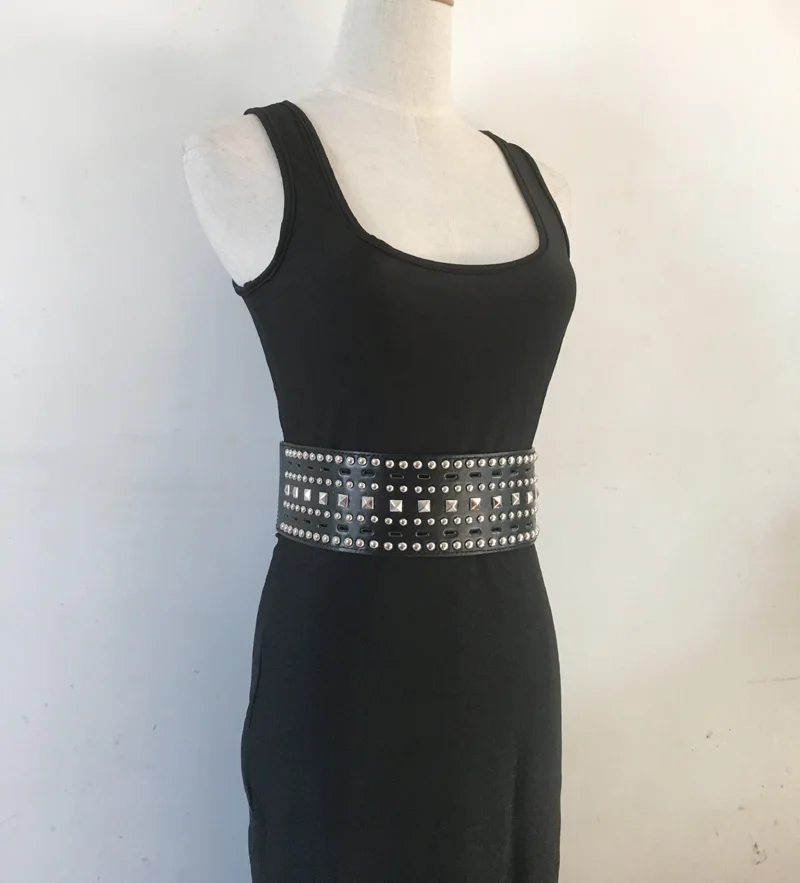 New Fashion Punk Metal Rivet Elastic Waist belt Unisex Wide Belt Hollow out Cummerbund for Women Girdle Dress Decoration | Аксессуары