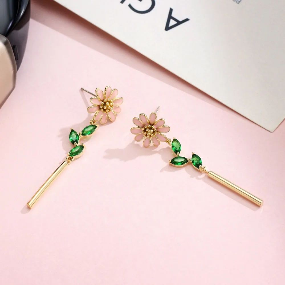 Neoglory Zircon &amp Enamel Long Dangle Earrings Colorful Flower Design Cute Girl Fashion Party Classic Gift Youth Sale | Украшения и