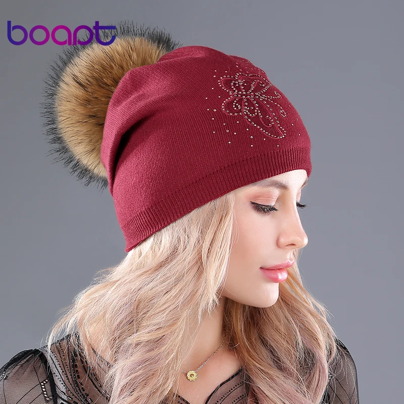 [boapt] натуральный енот мех головные уборы пушистый пом шапочка повседневная кепка