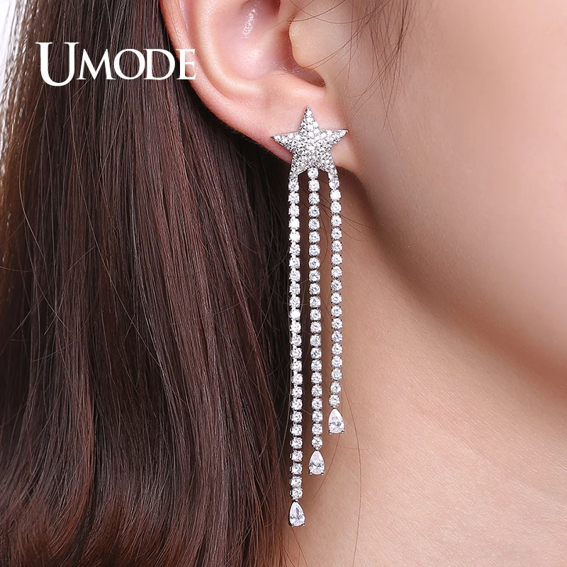 Серьги UMODE с фианитами женские длинные висячие серьги-кисточки подвесками в виде