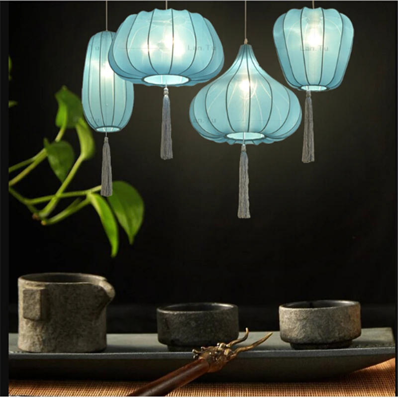 

Новые китайские подвесные светильники для ресторана, гостиной, синяя тканевая лампа, подвесной светильник для чайного дома, отеля, клуба, ба...