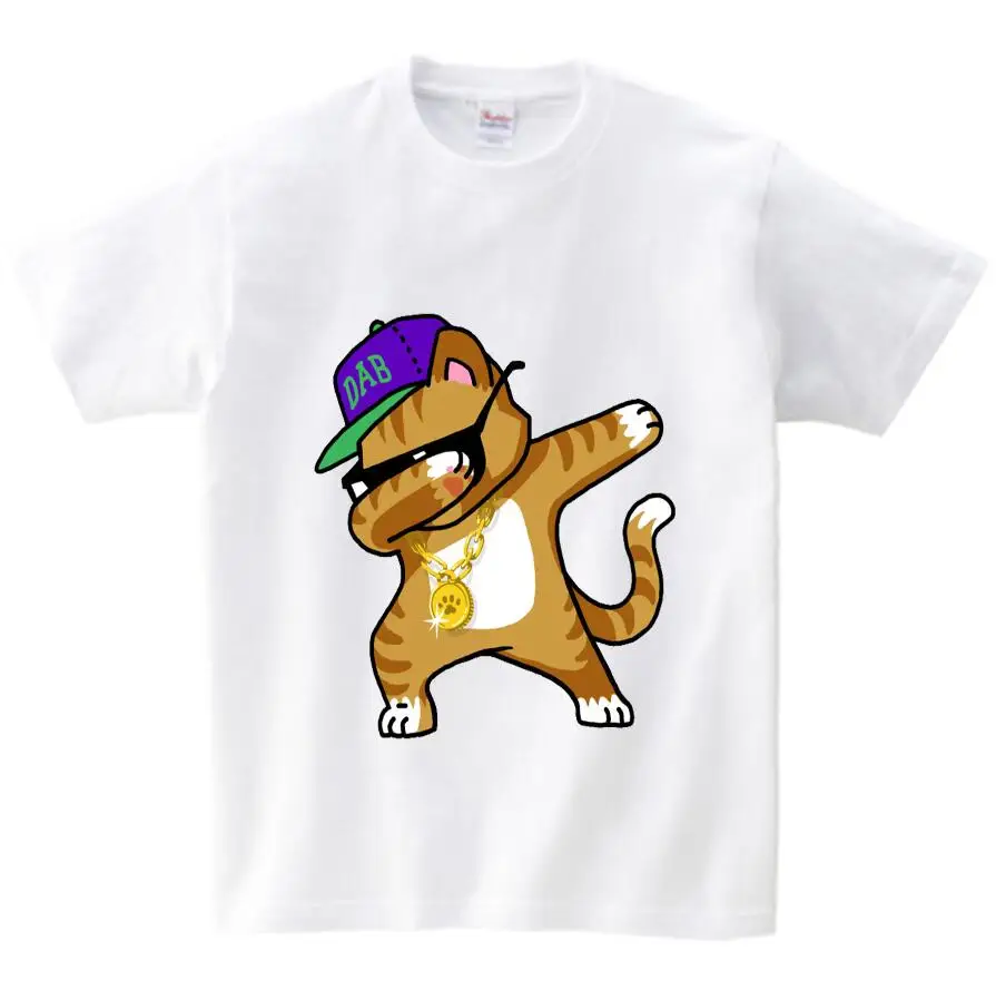 white childreT-shirt Детская летняя футболка футболки с короткими рукавами для мальчиков и девочек с забавным рисунком кота Санта Клауса, даб Дэнс, футболка для детей 2-15 лет - Цвет: white childreT-shirt