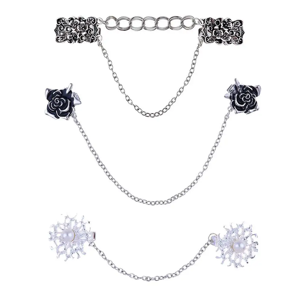 

3Pcs/Set Antique Flowers Faux Pearl Women Cardigan Collar Dress Shawl Chain Clip hot