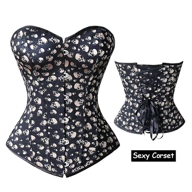 Women Print Halloween Costume Waist Slimming Overbust Corset Skull Sexy Club Bodysuits For Bustier Crop Top | Женская одежда