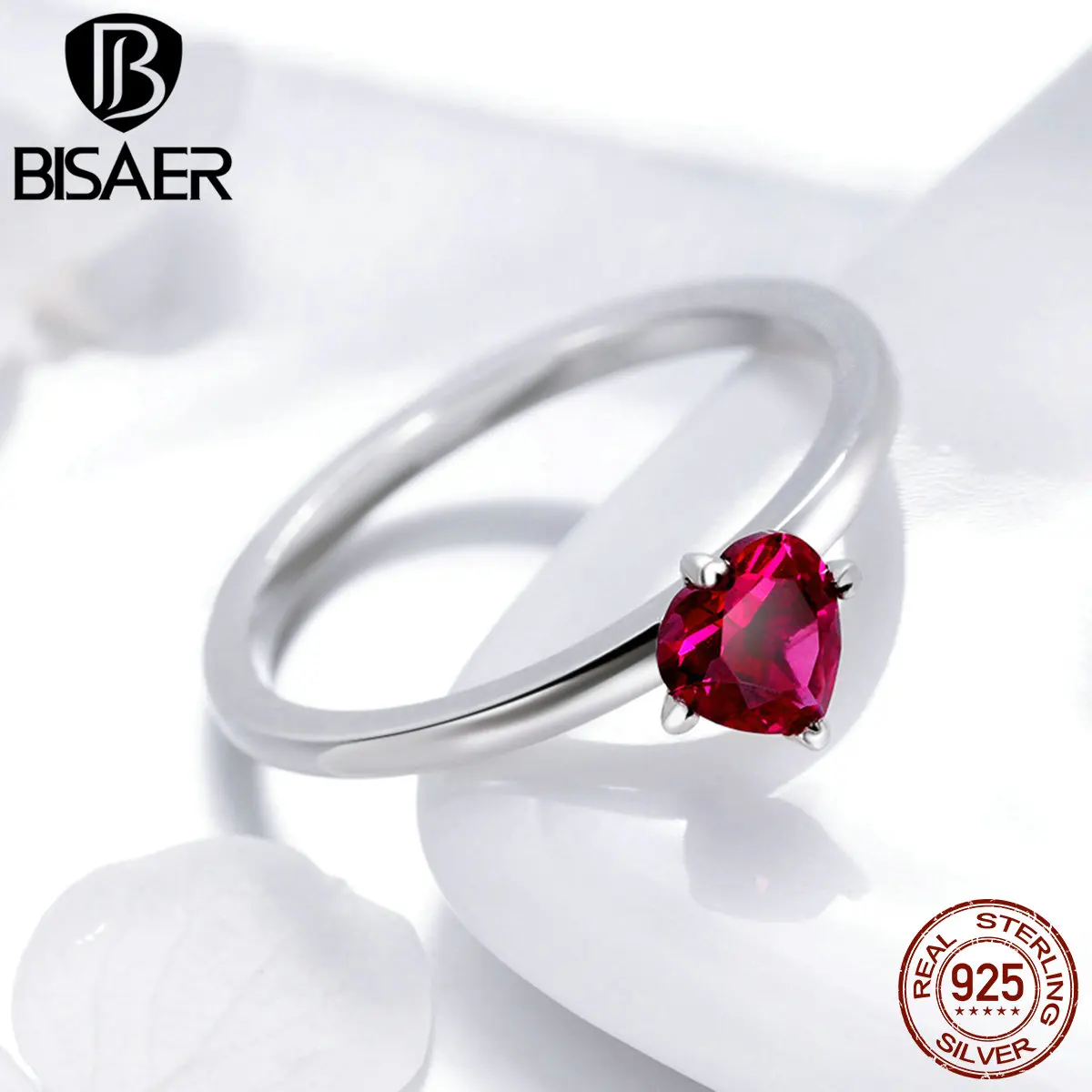 BISAER Настоящее серебро 925 проба любовные кольца в виде сердца для Для женщин розовый обручальное кольцо из кубического циркония бижутерия из натурального серебра Анель S925 ECR389