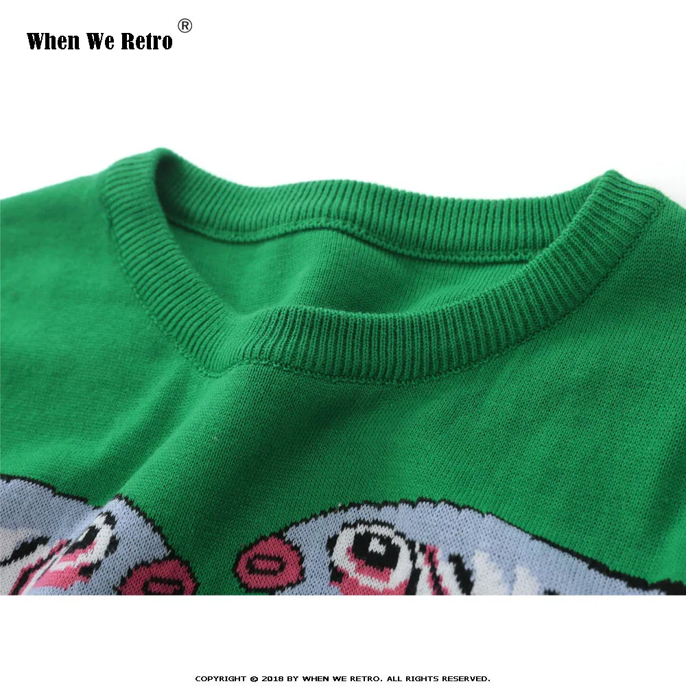 When We Retro Women Sweater Green Fashion Cartoon Fish Embroidery Female Knitted Tops Long Sleeve Ladies O-neck Pullovers YC21 | Женская