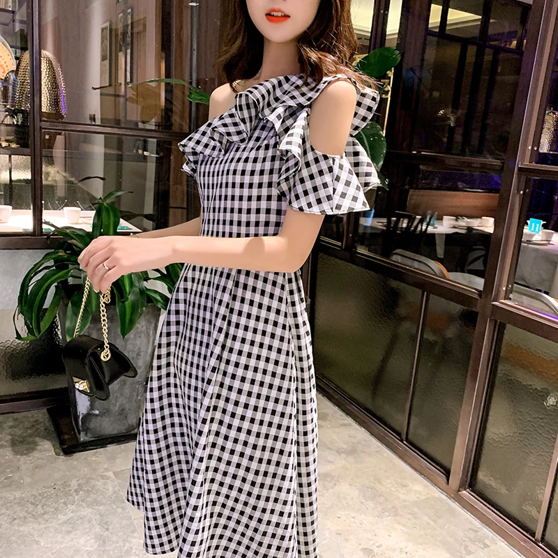 JIBAIYI Black Plaid One Shoulder Elegant Dresses Vintage Ruffle Slash Neck Women Summer Dress High Waist Bodycon Sexy Sundress | Женская