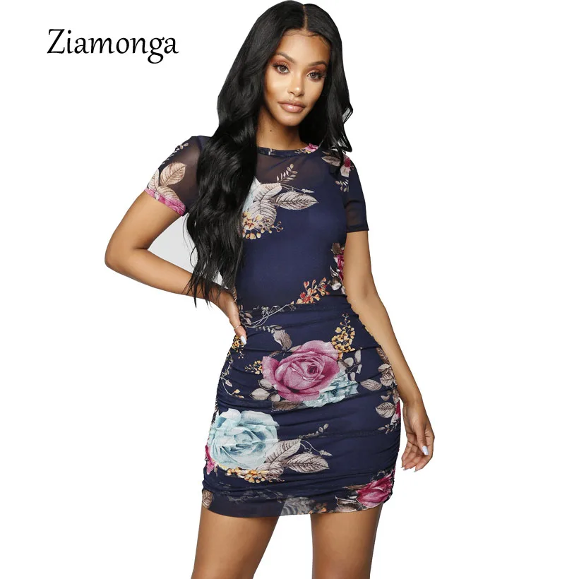 Ziamonga печати Сексуальная Bodycon Платье Для женщин осень o-образным вырезом короткий