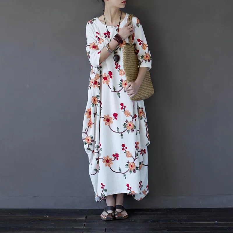 

Plus Size Vintage Soft Cotton Long Dress Women Summer Dress Casual Printed Floral Dresses Short sleeve Loose Dress