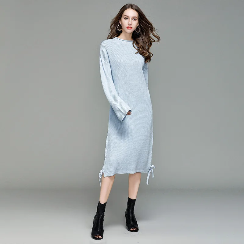 Однотонное кружевное женское длинное платье-свитер повседневный наряд на