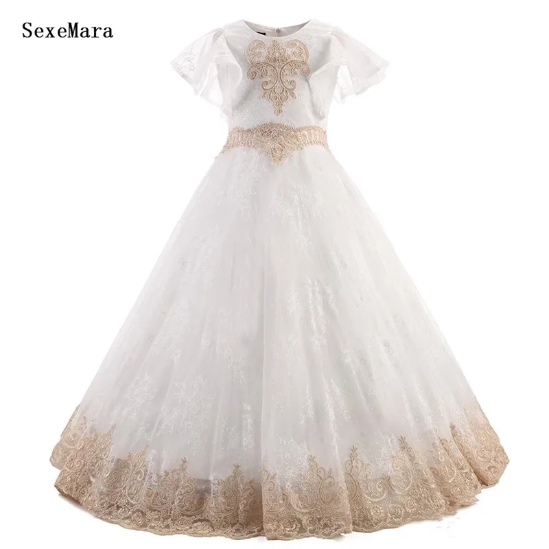 Champagne Lace Flower Girl Dresses for Wedding Ball Gown Kids Pageant Dresses First Communion Gown