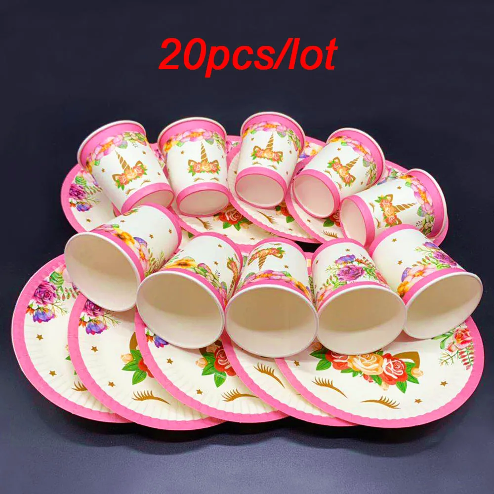 beipan-20pcs 20/40 шт. Единорог вечерние украшения комплект Единорог вечерние тарелки чашки для детей с рисунками из мультфильмов для девочек на день рождения с изображением единорога набор одноразовой посуды - Цвет: beipan-20pcs