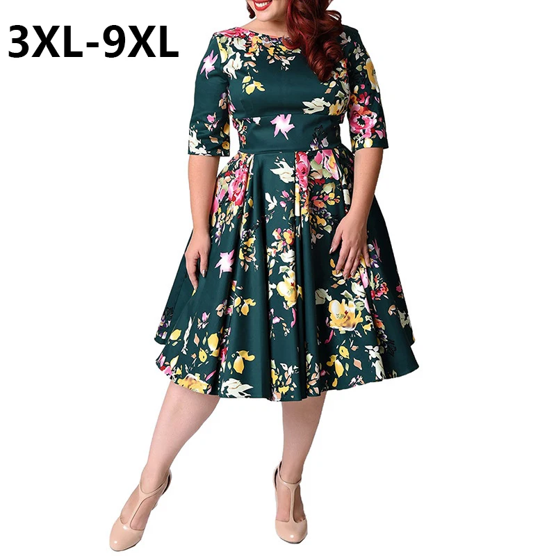 Ретро большие размеры 6XL 7XL 8XL Женские винтажные платья на молнии с цветочным