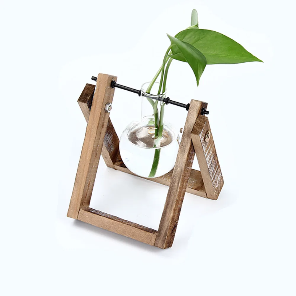 Прозрачная стеклянная ваза для гидропонных растений деревянная подставка