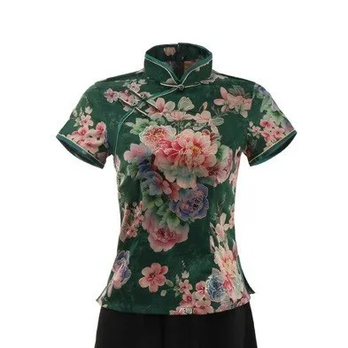 green Sheng Coco женские топы в китайском стиле, зеленые Топы Cheongsam, шелковые атласы, китайская рубашка, элегантные топы с принтом пиона, китайская одежда - Цвет: green