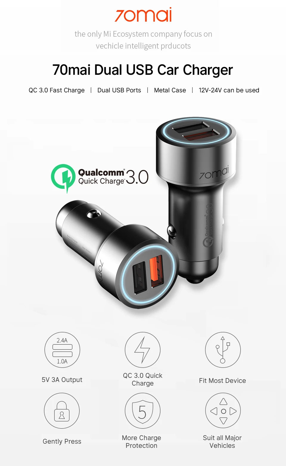 Xiaomi 70mai быстрая зарядка 3.0 Двойной USB автомобильное зарядное устройство для iphone 7 8 X ля Huawei Samsung s10 70 mai прикуриватель переходник car зарядка для телефона, переходник usb автомобильная зарядка