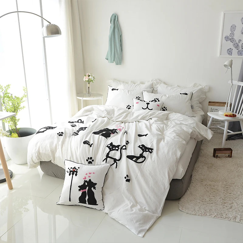 Комплект постельного белья из 100% хлопка с черно белыми кошками 4/6 шт. King Queen Twin