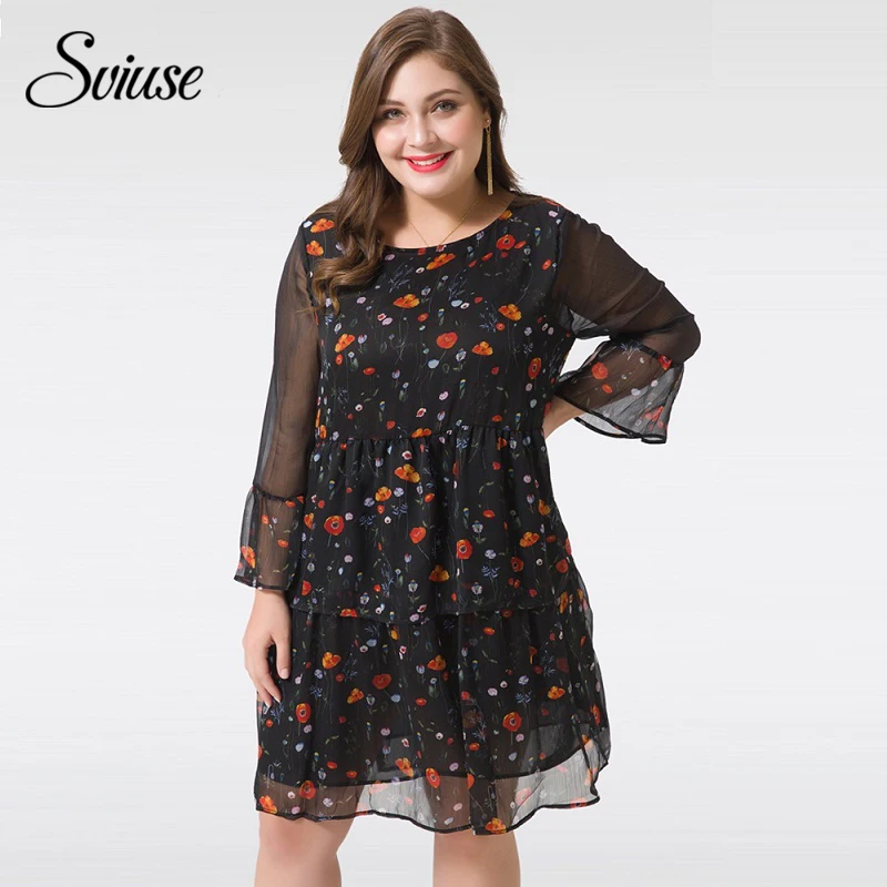 Summer Chiffon Floral Print Women Dress Sexy Female Voile Long-Sleeve Double Ruffle Elegant Casual Short Plus Size Party Dresses | Женская