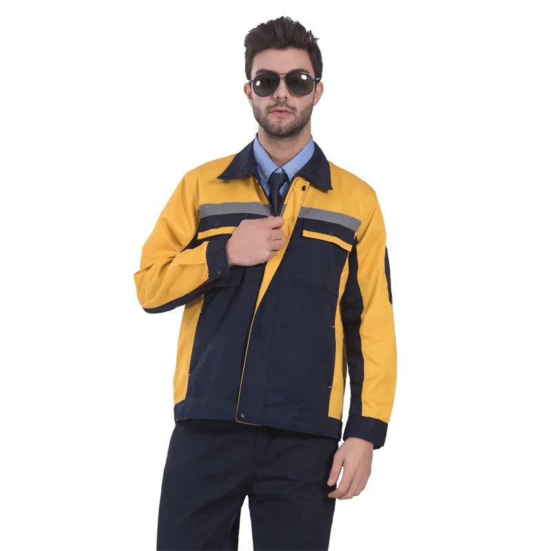 Yellow and black Промышленная рабочая одежда с несколькими карманами, куртка и брюки, комплект одежды со светоотражающими полосками, вышитый логотип - Цвет: Yellow and black