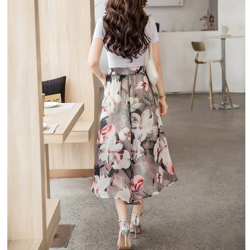 Drape high waist wide leg pants female summer thin section loose chiffon cropped trousers skirt 2020 new floral beach lady | Женская