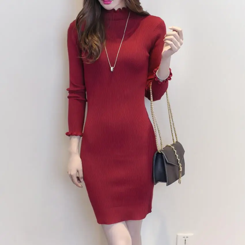 Женское трикотажное платье свитер с оборками на воротнике|knitted dress|sweater dressdress fashion
