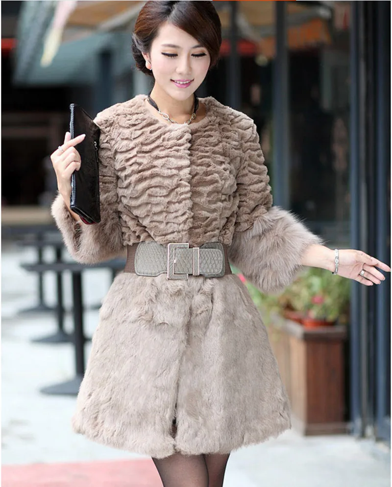 Женская Шуба с кроличьим мехом осенне зимнее меховое пальто рукавом 3/4 из меха