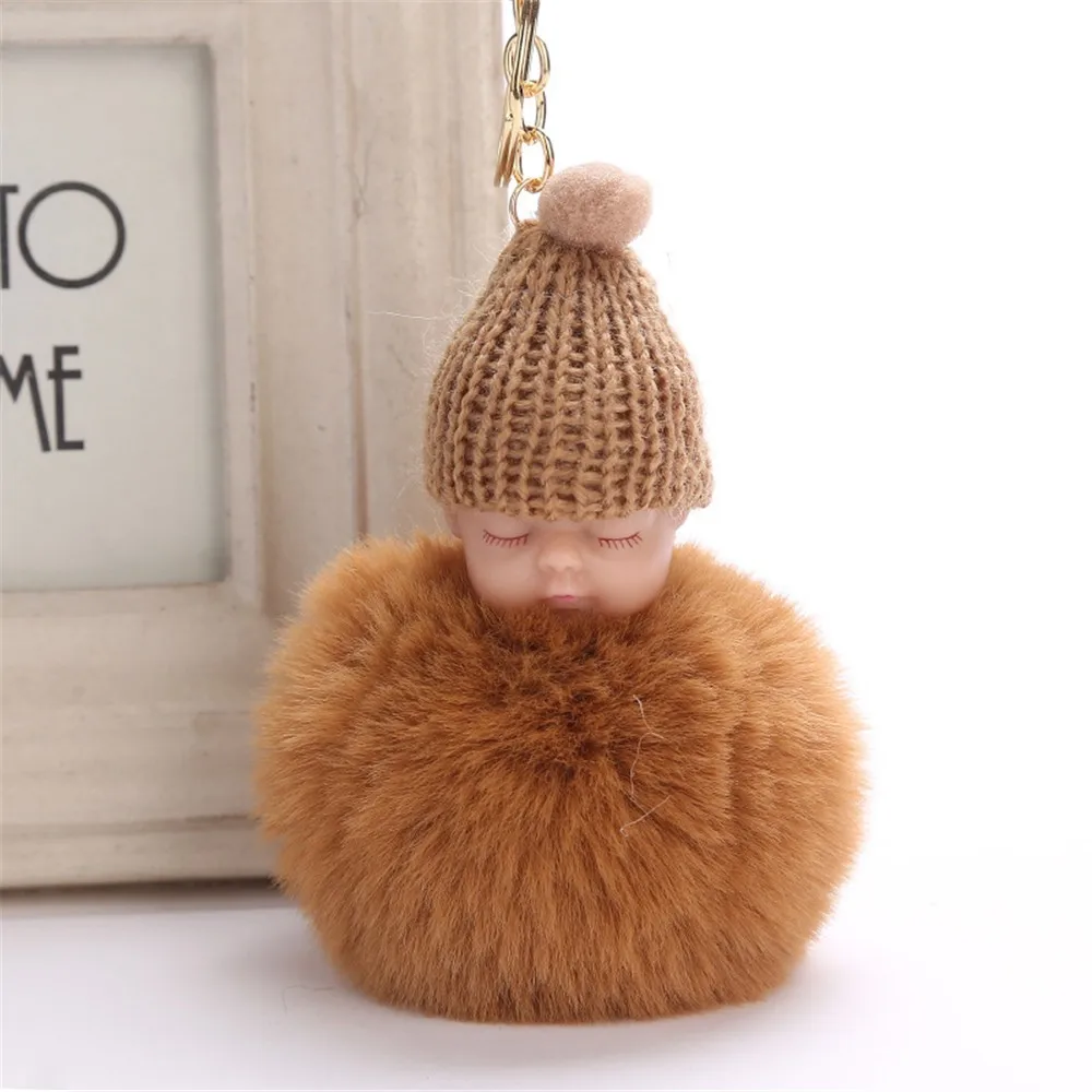 Cute Pink Fluffy Pompom Keychain Flamingo Key Chain Fake Rabbit Fur Ball Women Car Bag Pompon Ring Pom Holder | Украшения и