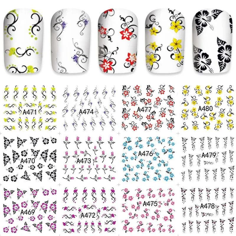 2018 12 листов модные переводятся с помощью воды Nail Art Наклейки Цветочный Дизайн