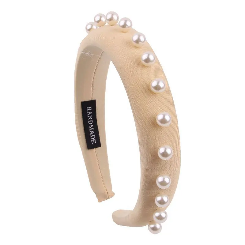 06 pearl beige Fioday, украшенные кристаллами, 3 см, ширина 1,5 см, толстые повязки на голову, черные, с заклепками, молочный шелк, повязки на голову для женщин, искусственные жемчужные обручи для волос, женские - Цвет: 06 pearl beige