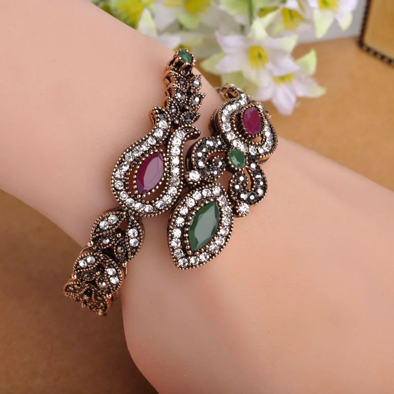 

Pulsera Turkish Exquisite Adjustable Bangles Handmade Carved Flowers Antique Gold Filled Full Crystals Vintage Accessories Charm