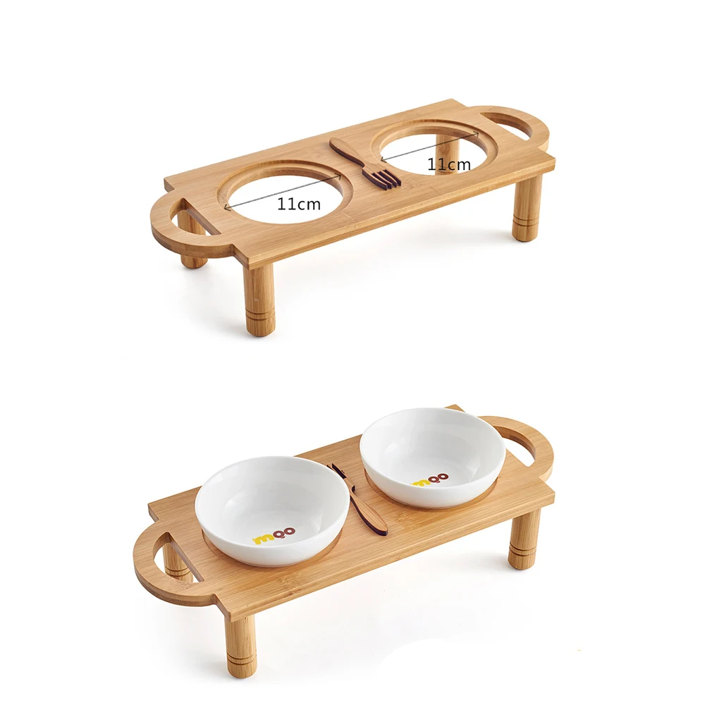 Кошка Собака Стенд Чаша два Керамика s чаши собак питьевой воды миски Bamboo