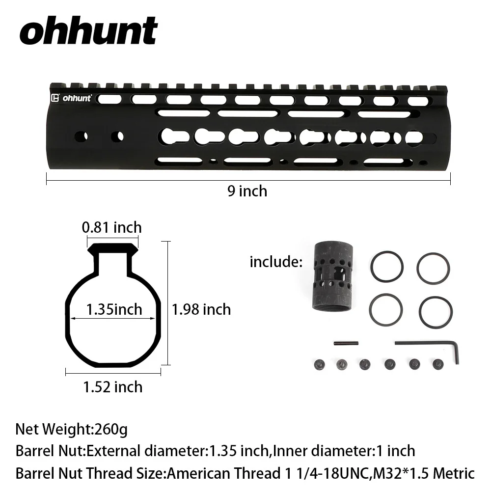 9 Inch Ohhunt Tactical " 9" 1" 12" 13," 15" AR15 Rail NSR Free Float Keymod Handguard Пикатинни со стальной бочковой гайкой - Цвет: 9 Inch