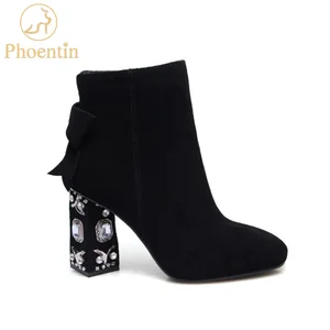 Женские ботинки из коровьей замши Phoentin, черные однотонные ботильоны на очень высоком каблуке, с застежкой-молнией, кристаллами, на странном каблуке, с квадратным носком, FT238