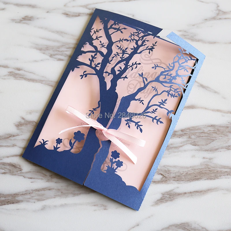 50 шт темно-синие ворота-створки дерева свадебные приглашения лазерная резка