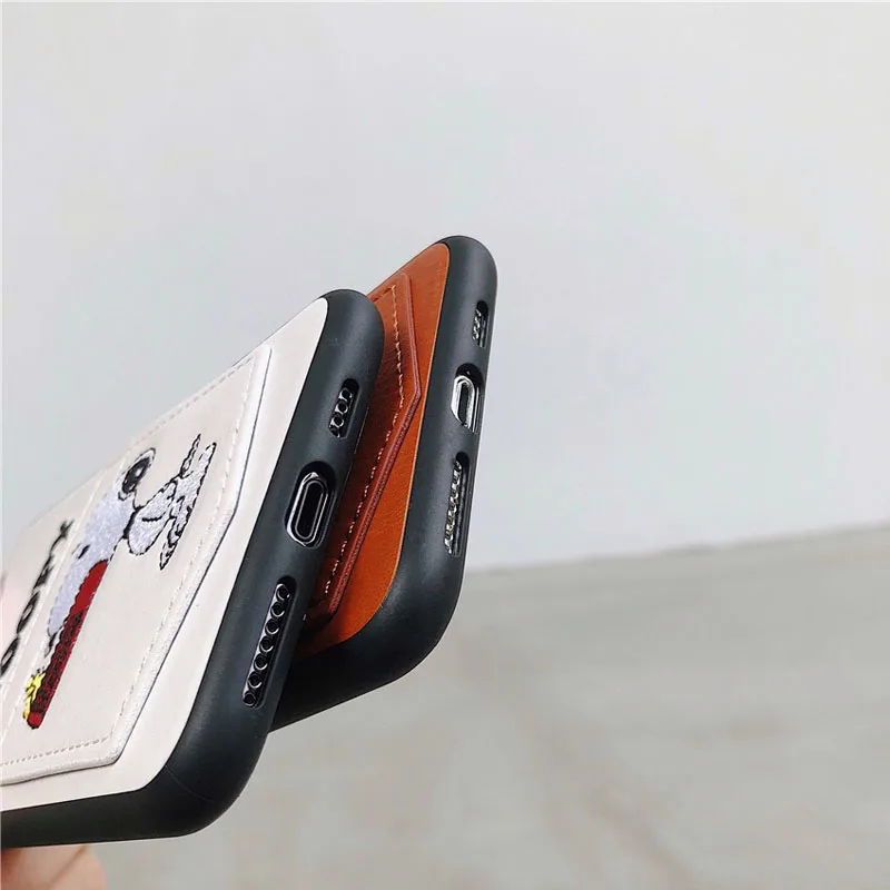 New Cartoon cute Embroidery cartoon snoopy Card Pocket Phone Case For iPhone X 6 6s 7 8 Plus XR XS Max Leather Soft Cover Fundas |