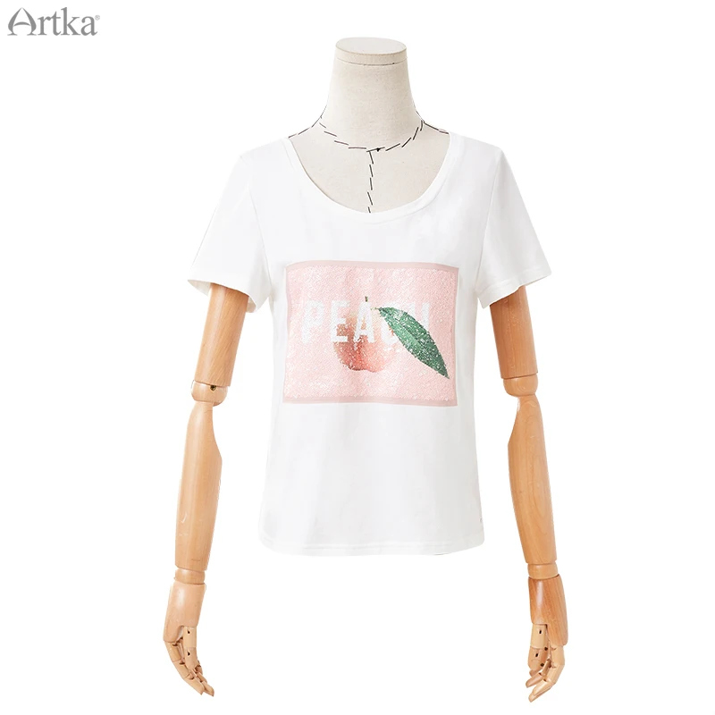 ARTKA, летняя женская футболка, повседневная, модная, персиковая, с блестками, с круглым вырезом, с коротким рукавом, белая футболка для женщин TA11299X