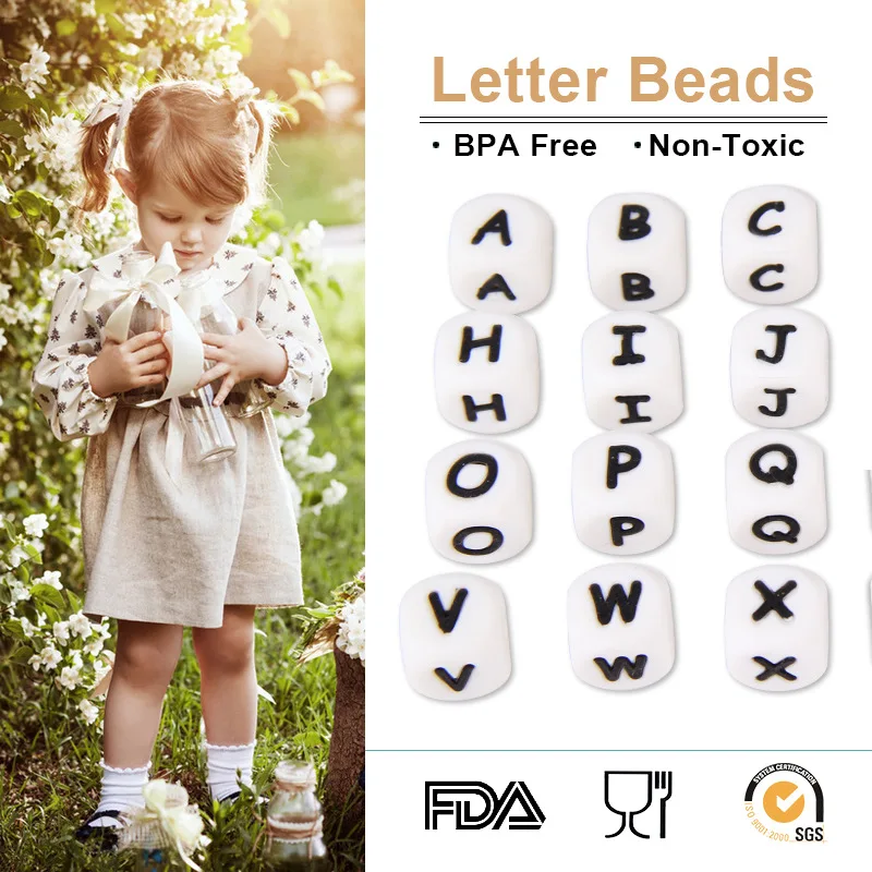

50PC Alphabet Letter Silicone Teething Cube Beads 12MM Food Grade Teether Beads For Teething Pacifier Chain Baby Nurse Gift