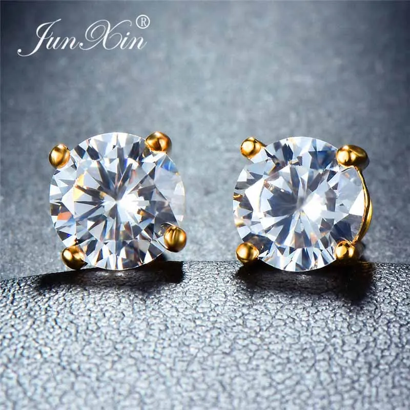 White Stud Earrings JUNXIN мистические разноцветные циркониевые круглые серьги-гвоздики для женщин, желтое золото, заполненные фиолетовым, зеленым, синим камнем, свадебные серьги для женщин - Окраска металла: White Stud Earrings