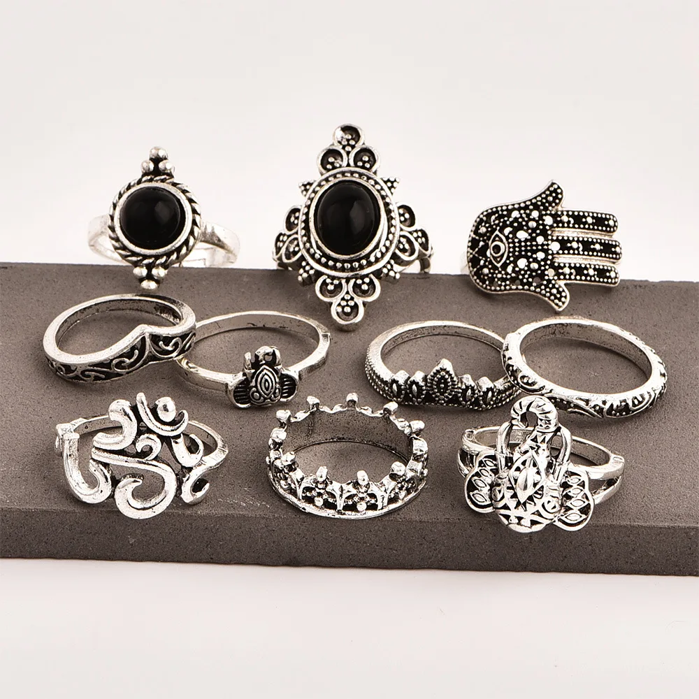 Bohemian Ring Retro Female Animal Palm Openwork Carved Black Imitation Gem Joint Set Of 10 Wholesale Popular | Украшения и