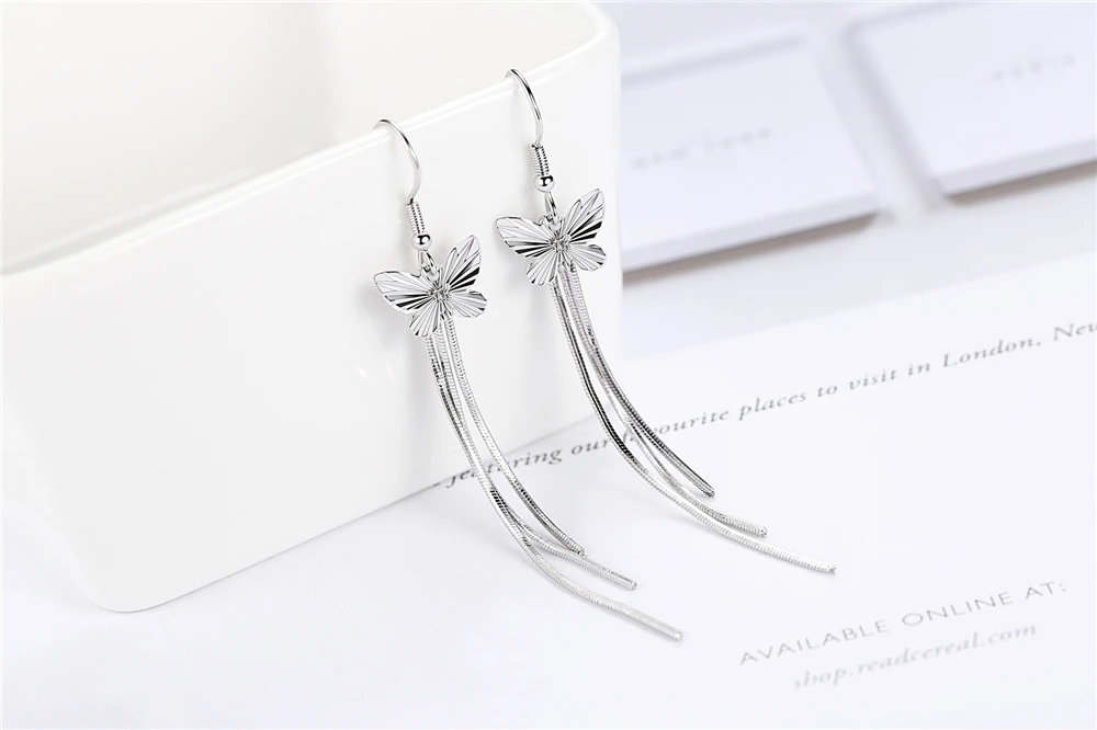 Женский провода уха мода длинный участок серебряный Падение Earrin Бабочка кисточкой преувеличены ювелирные изделия бренда девушки