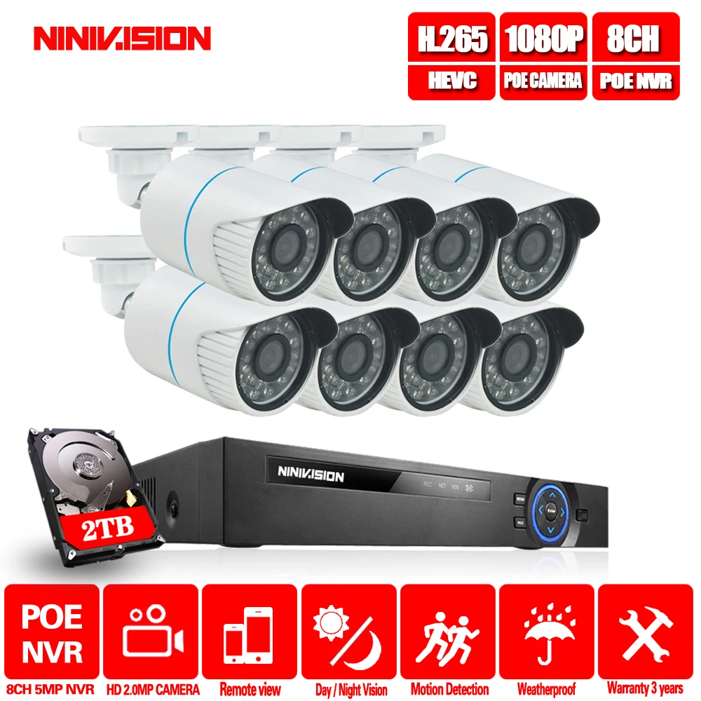NINIVISION H.265 CCTV система POE NVR комплект 8ch 1080P Водонепроницаемая IP камера пулевая