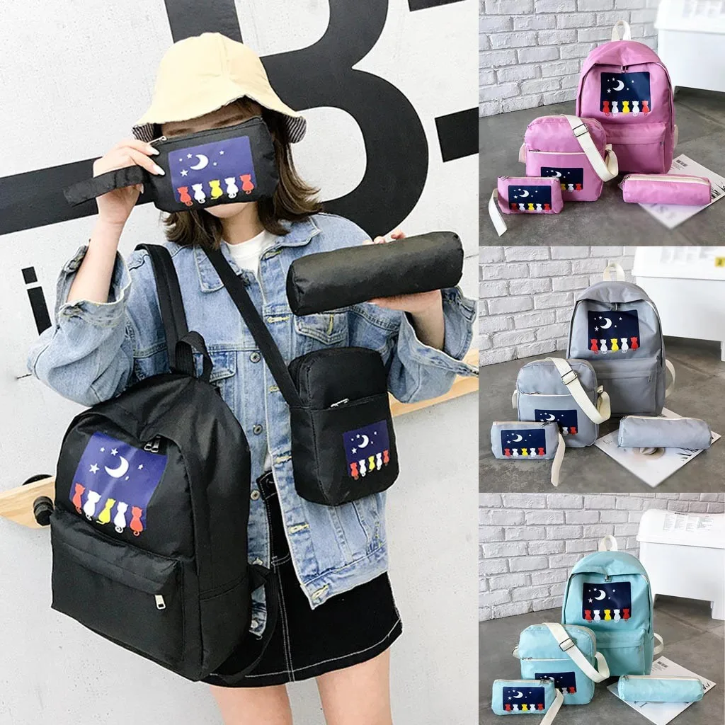 Moon cat Original Design Black Blue Print Sea Backpack WomenCasual Canvas School Bags For Teenager Girls C513 | Багаж и сумки